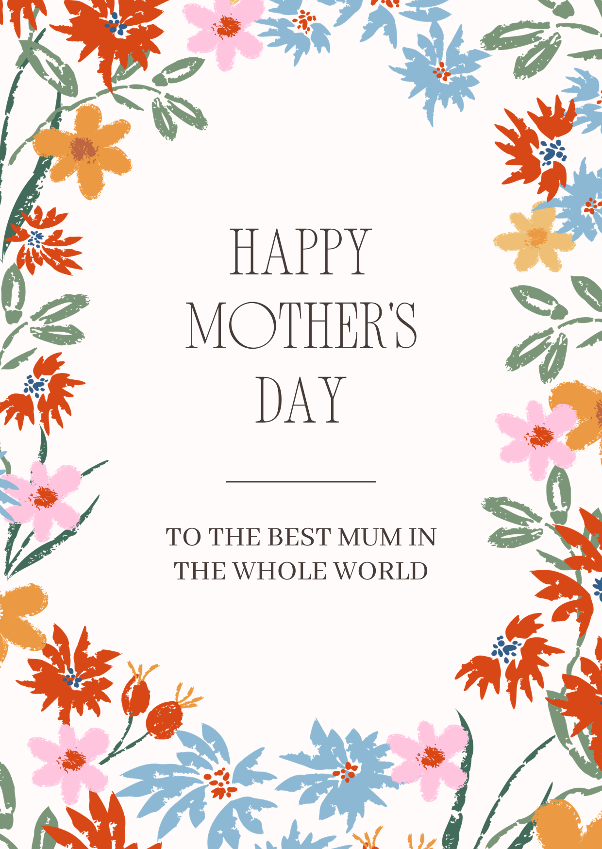 “Happy Mother’s Day to the Best Mum” Floral Postcard | Elegant Printable Card